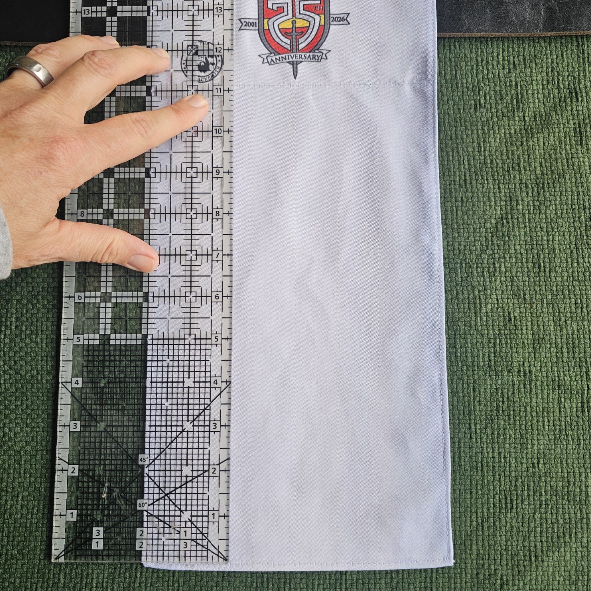 Passport Belt Flag for Belegarth Silver Jubilee - Body of Flag with Tape Measure showing 11" of stampable length