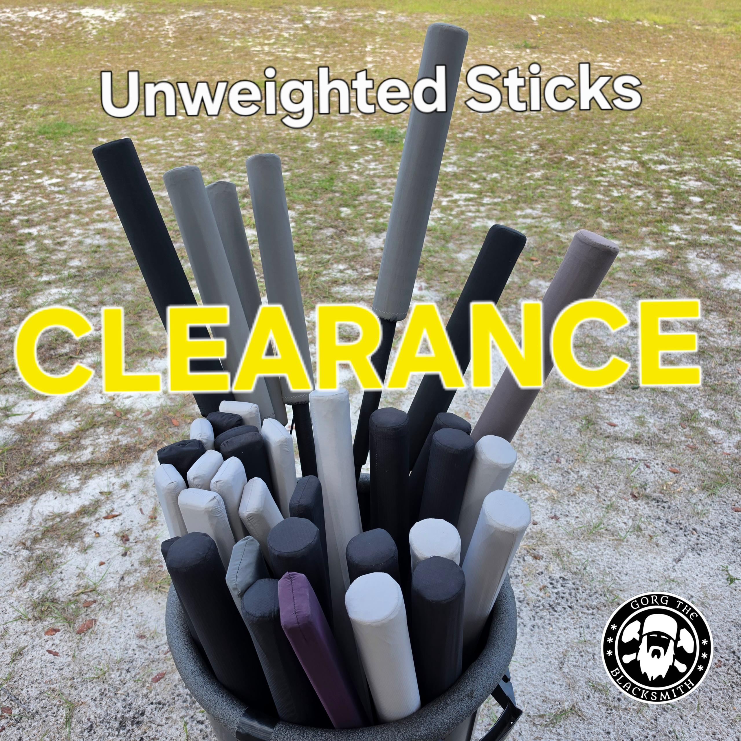 Clearance Unweighted Sticks - a bin of flat and omni foam fighting boffers are offered by gorg the blacksmith at a reduced price